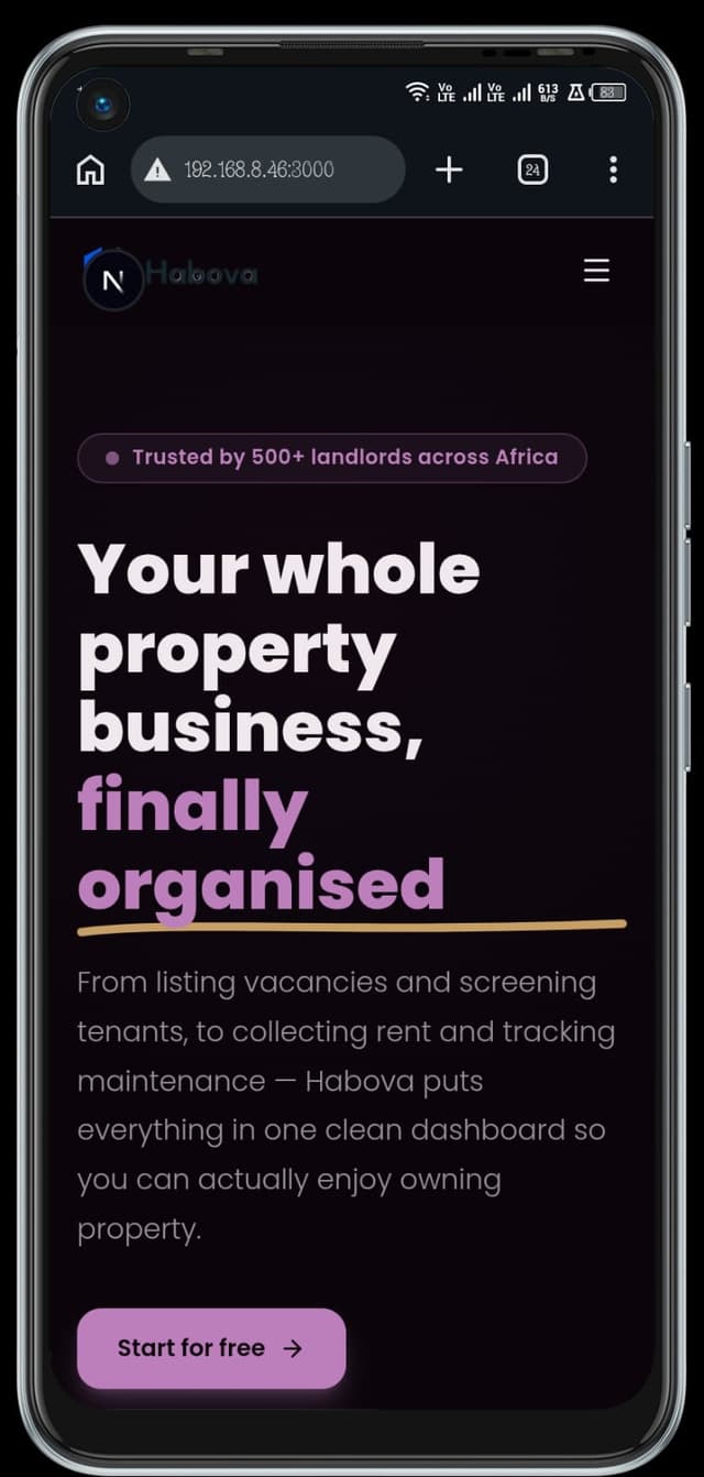 Habova mobile dashboard shown on a phone — property listing management interface
